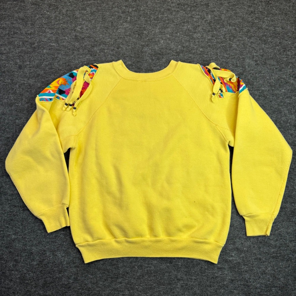Vtg Discus Athletic Southwest Aztec Fringe Sweatshirt Medium Yellow 90s USA Boho - Picture 9 of 14